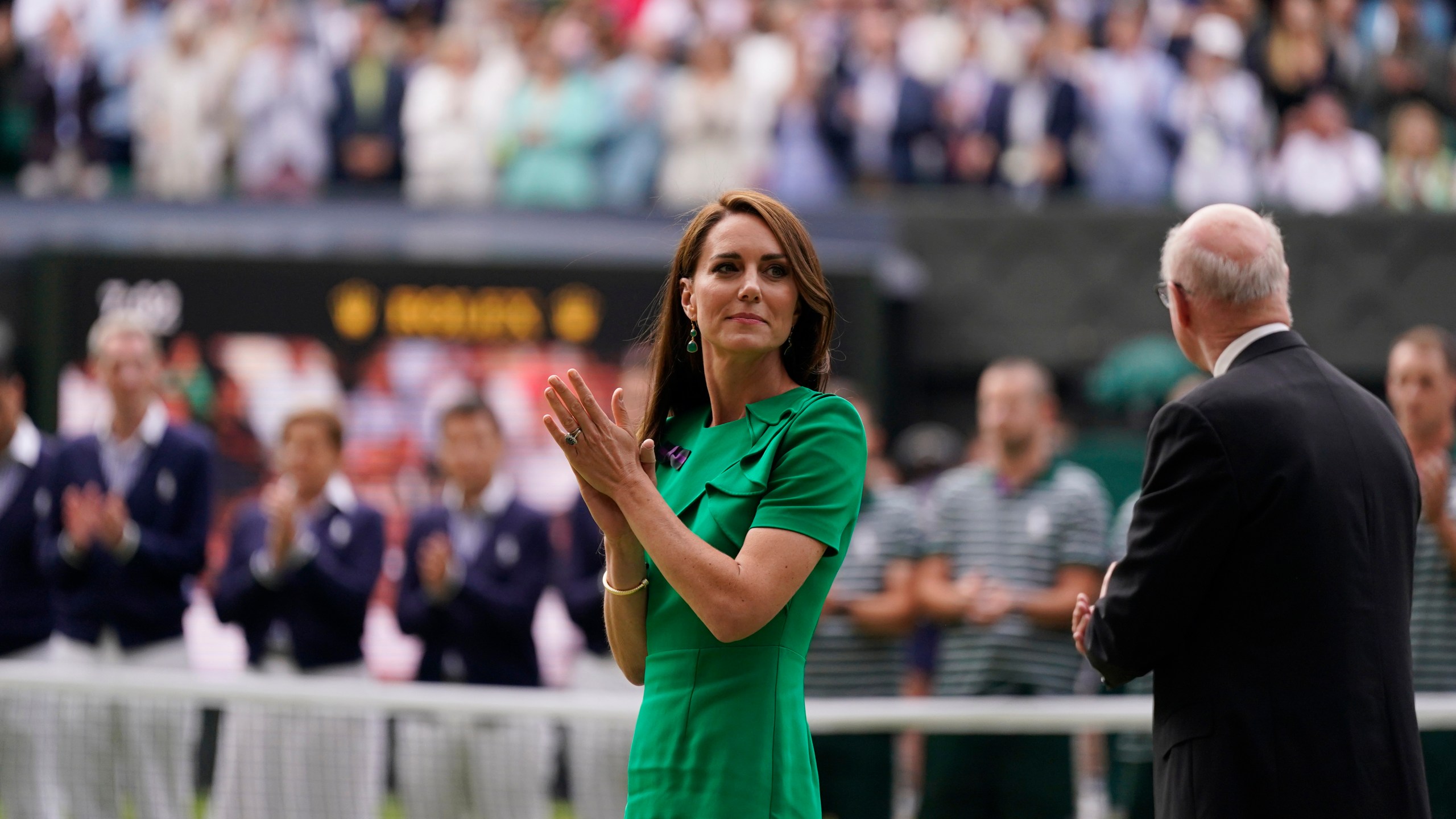 FILE - Britain's Kate, Princess of Wales looks on after Spain's Carlos Alcaraz beat Serbia's Novak Djokovic in the men's singles final on day fourteen of the Wimbledon tennis championships in London, Sunday, July 16, 2023. The Princess of Wales is set to attend the Wimbledon men’s final on Sunday, July 14, 2024 in a rare public appearance after her cancer diagnosis. Kensington Palace confirmed Saturday that Kate, wife of heir to the throne Prince William, will be in the Royal Box on Centre Court to watch defending champion Carlos Alcaraz play Novak Djokovic. (AP Photo/Alberto Pezzali, File)