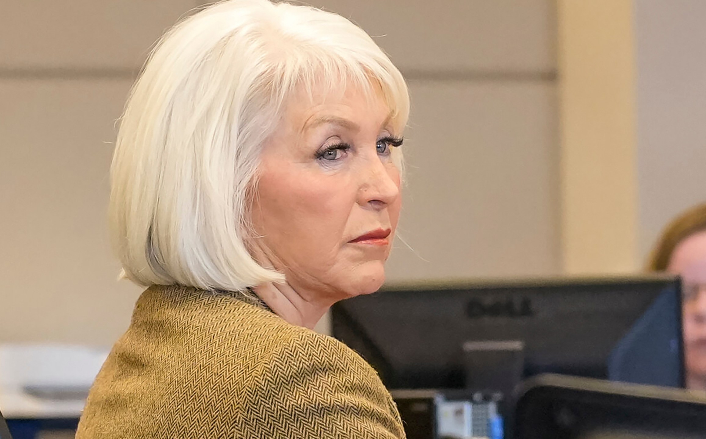 FILE - Tina Peters, former Mesa County, Colo., clerk, listens during her trial, Friday, March 3, 2023, in Grand Junction, Colo. (Scott Crabtree/The Grand Junction Daily Sentinel via AP, Pool, File)
