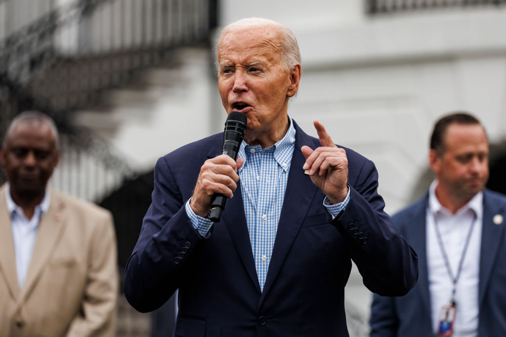 US President Joe Biden speaks during a 4th of July event on the South Lawn of the White House.
