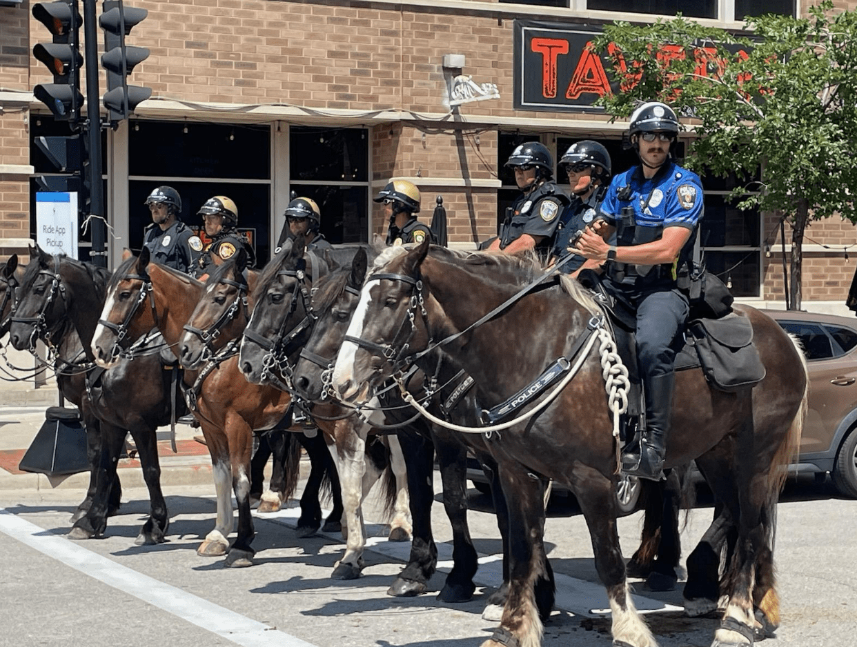 Police officers on horseback patrol outside the RNC in Milwaukee