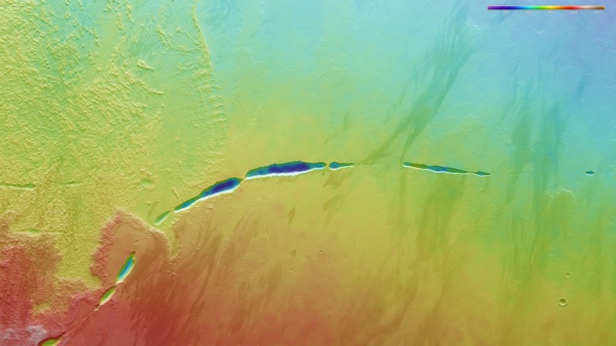 Topographical map of Aganippe Fossa, the 373-mile long crack in Mars' surface.