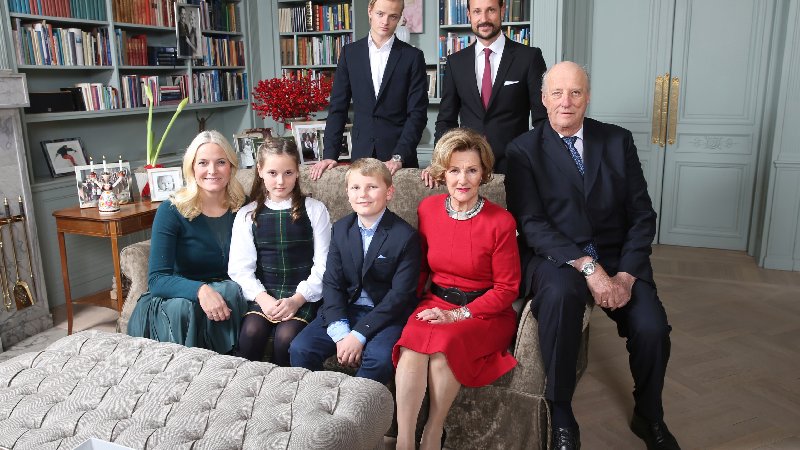 FILE - Back row from left, Marius Borg Hoiby and Crown Prince Haakon, front row from left, Crown Princess Mette-Marit, Princess Ingrid Alexandra, Prince Sverre Magnus, Queen Sonja and King Harald pose during a Christmas photo session at Skaugum, the the residence of the Crown Prince and Crown Princess of Norway, in Asker, Norway, Monday, Dec. 14, 2015. (Lise Aaserud/Pool Photo via AP)
