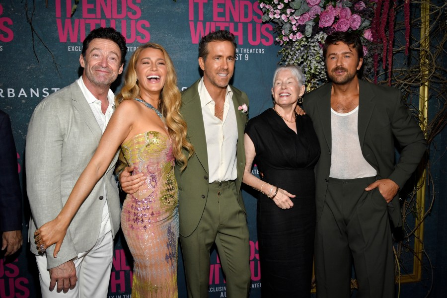 Hugh Jackman, from left, Blake Lively, Ryan Reynolds, Tammy Reynolds, and Brandon Sklenar attend the world premiere of "It Ends with Us" at AMC Lincoln Square on Tuesday, Aug. 6, 2024, in New York. (Photo by Evan Agostini/Invision/AP)