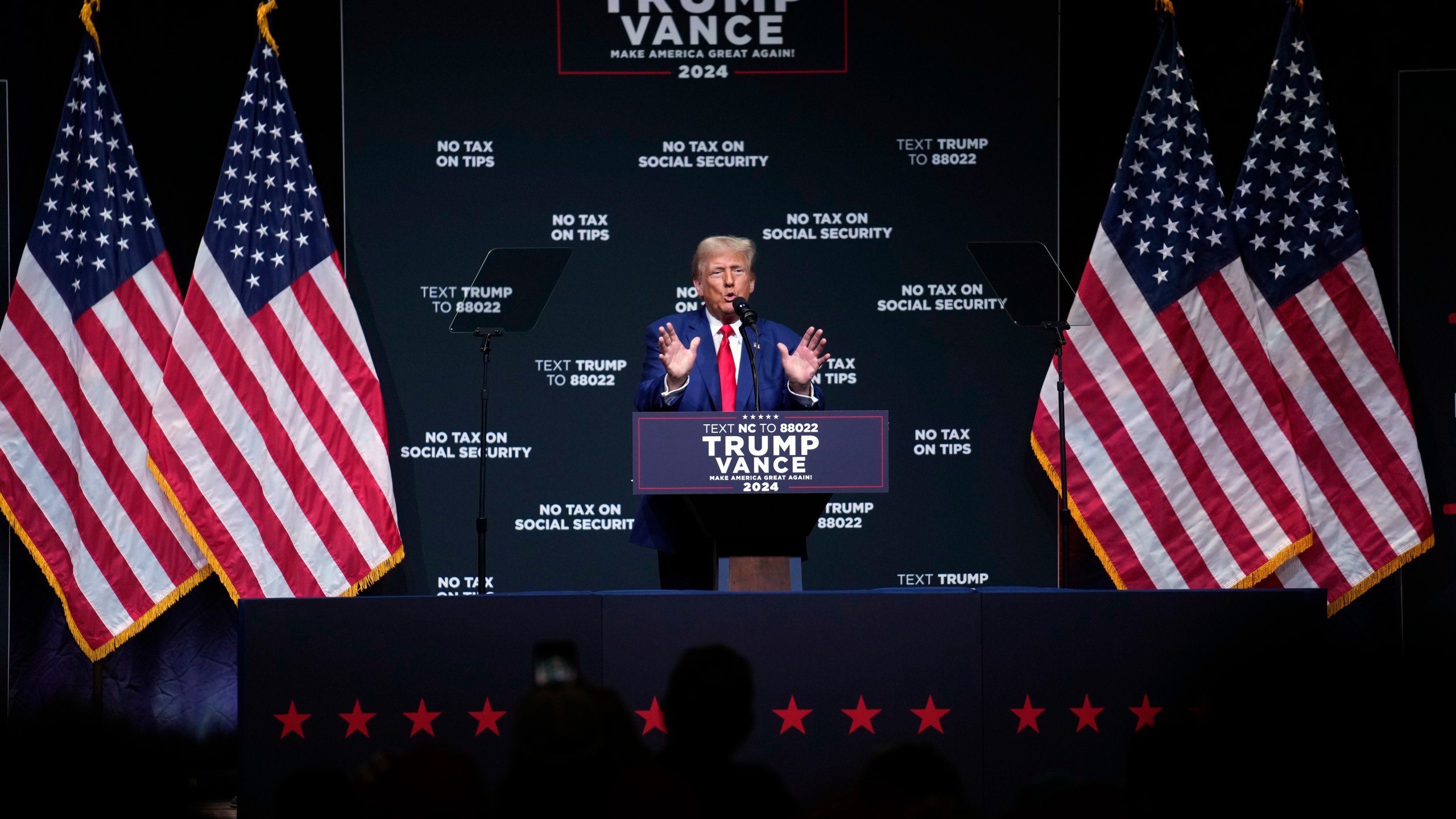 Republican presidential nominee former President Donald Trump speaks at a campaign rally in Asheville, N.C., Wednesday, Aug. 14, 2024. (AP Photo/Matt Rourke)