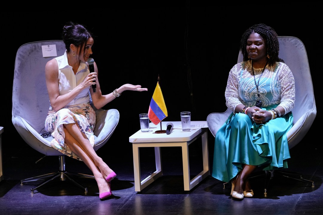 Meghan speaks onstage with another Colombian Vice President Francia Marquez