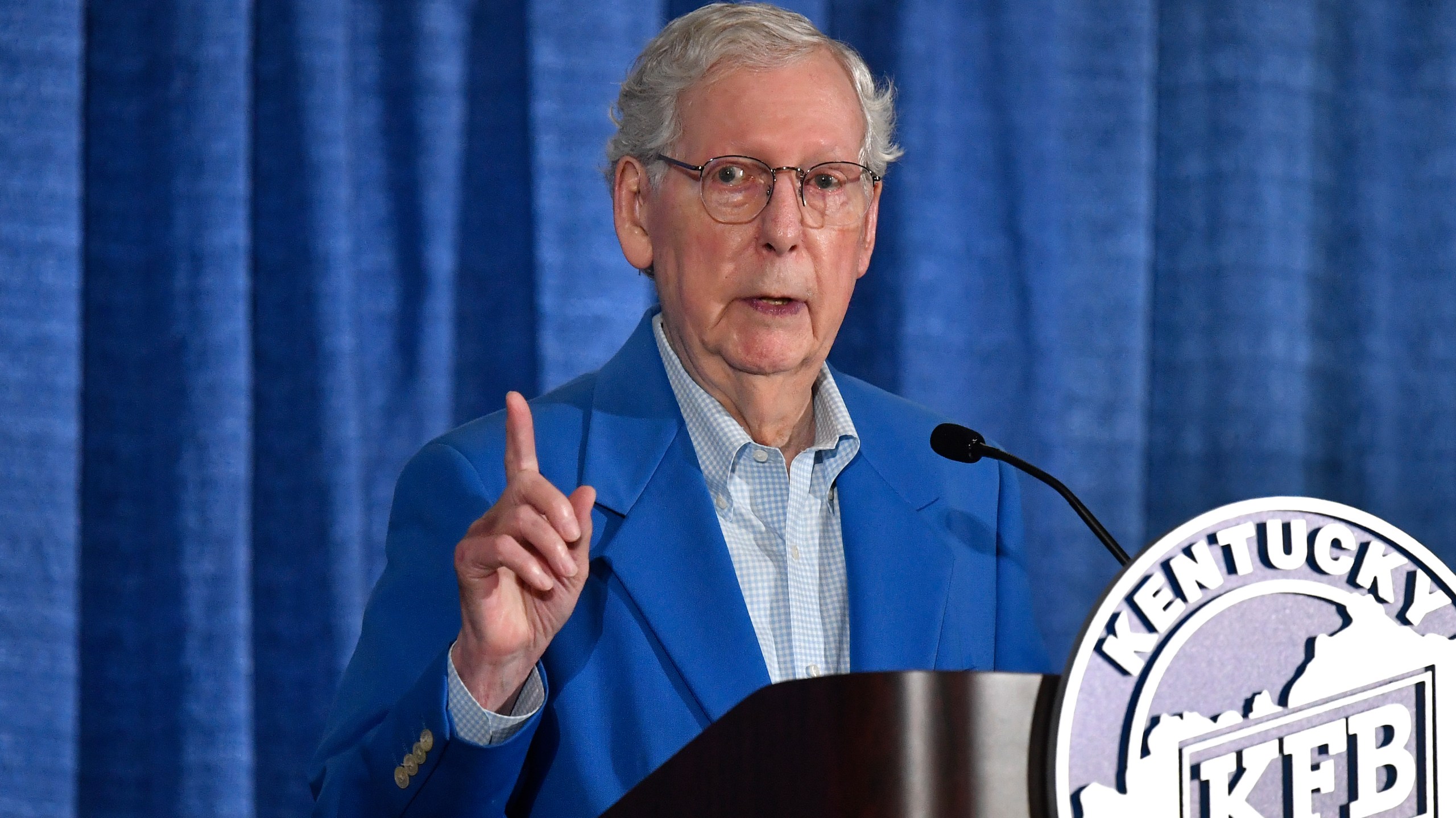 Senate Minority Leader Mitch McConnell, R-Ky., speaks to the audience gathered at the Kentucky State Fair Ham Breakfast at the Kentucky Exhibition Center in Louisville, Ky., Thursday, Aug. 22, 2024. (AP Photo/Timothy D. Easley)