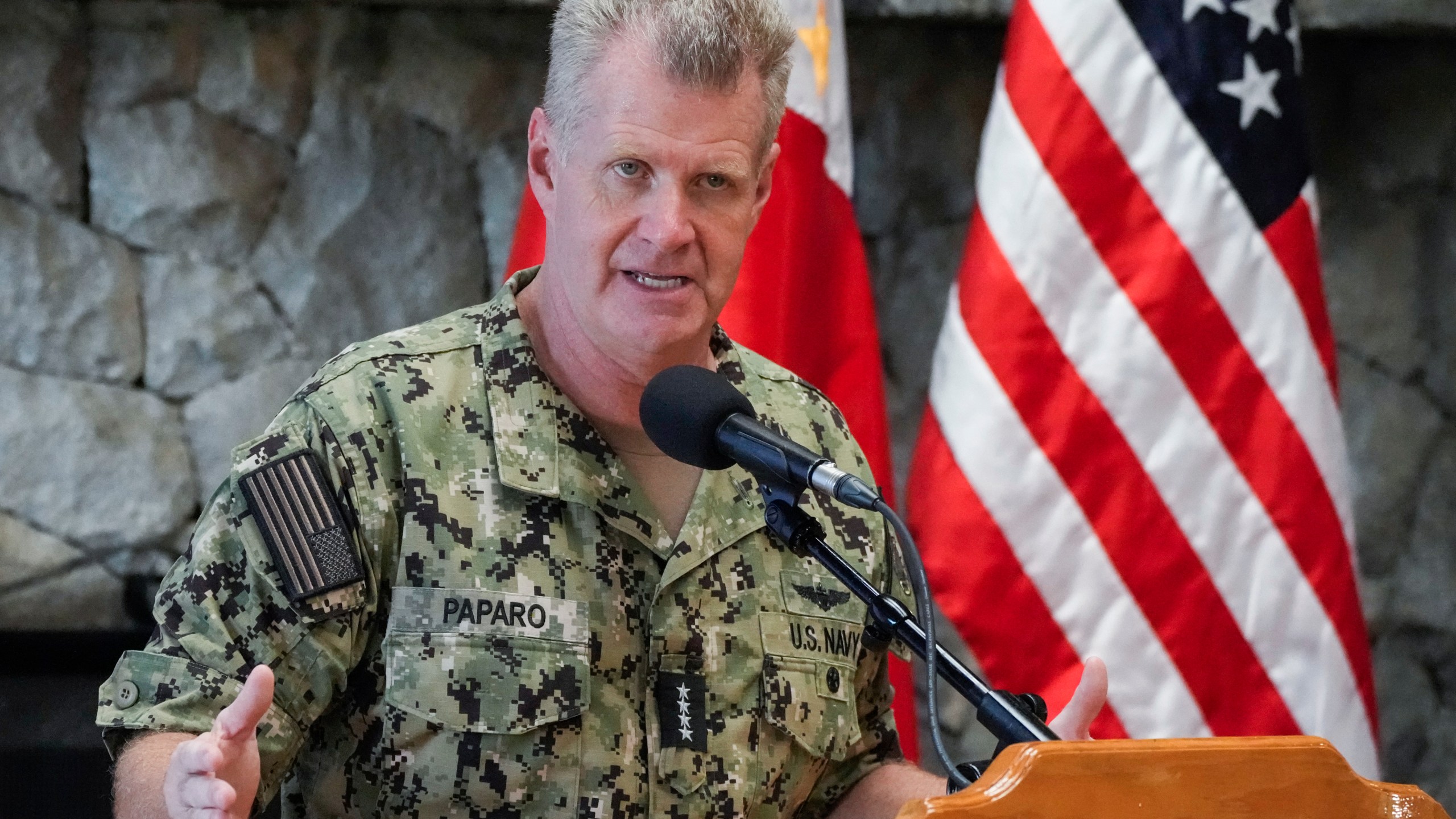 U.S. Indo-Pacific Command Commander, Admiral Samuel Paparo gestures during a press conference on the Mutual Defense Board-Security Engagement Board meeting held at the Philippine Military Academy in Baguio, northern Philippines on Thursday, Aug. 29, 2024. (AP Photo/Aaron Favila)
