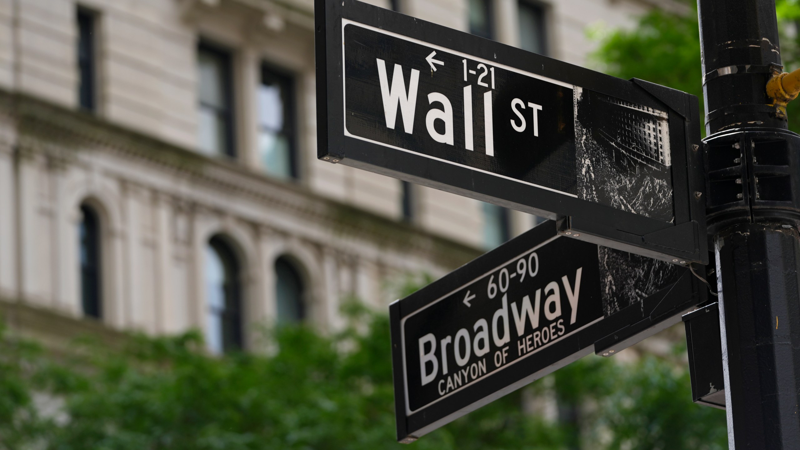 FILE - Signs at the intersection of Wall Street and Broadway streets in New York, June 12, 2024. (AP Photo/Pamela Smith, File)