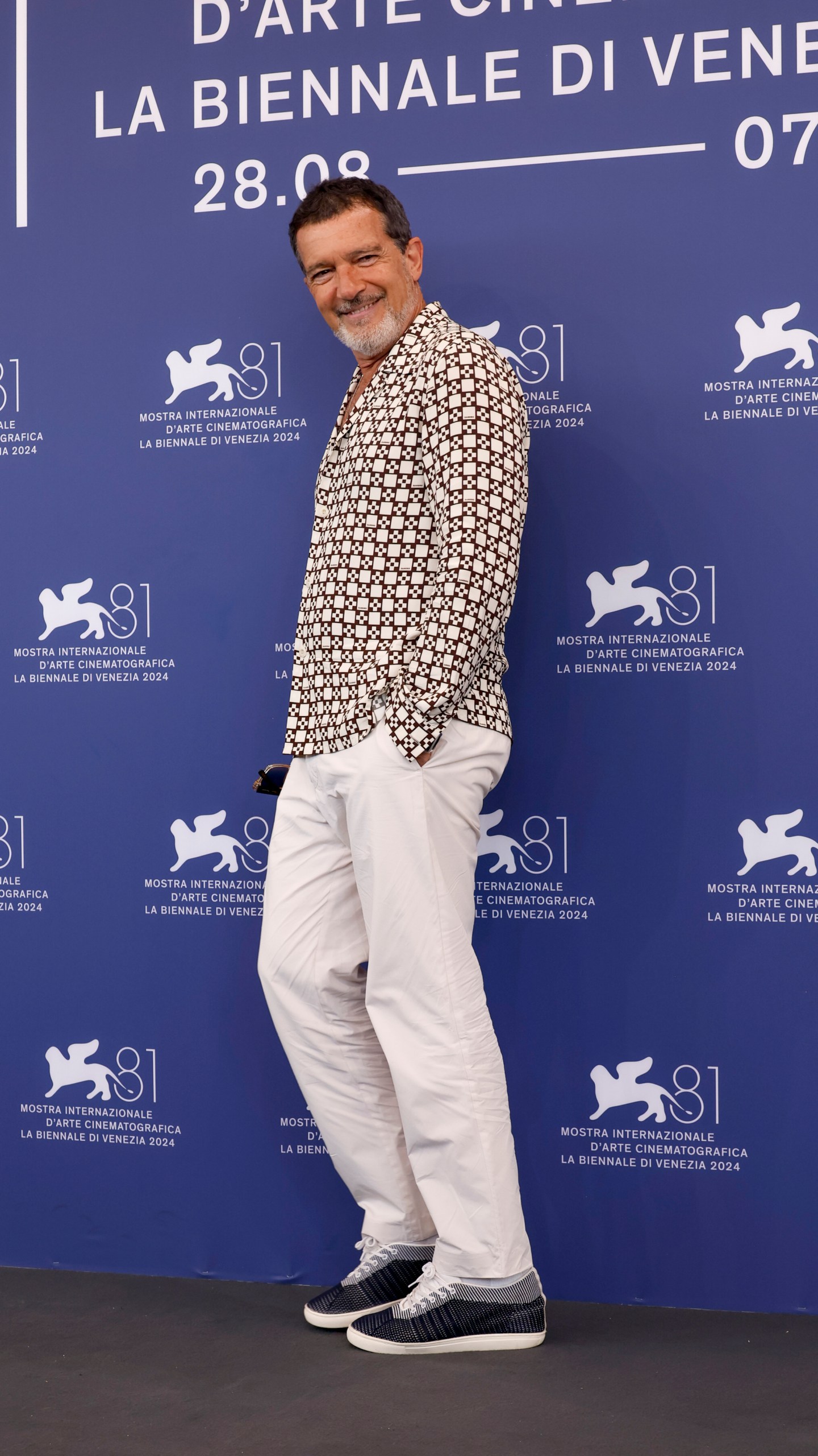 Antonio Banderas poses for photographers at the photo call for the film 'Babygirl' during the 81st edition of the Venice Film Festival in Venice, Italy, on Friday, Aug. 30, 2024. (Photo by Joel C Ryan/Invision/AP)