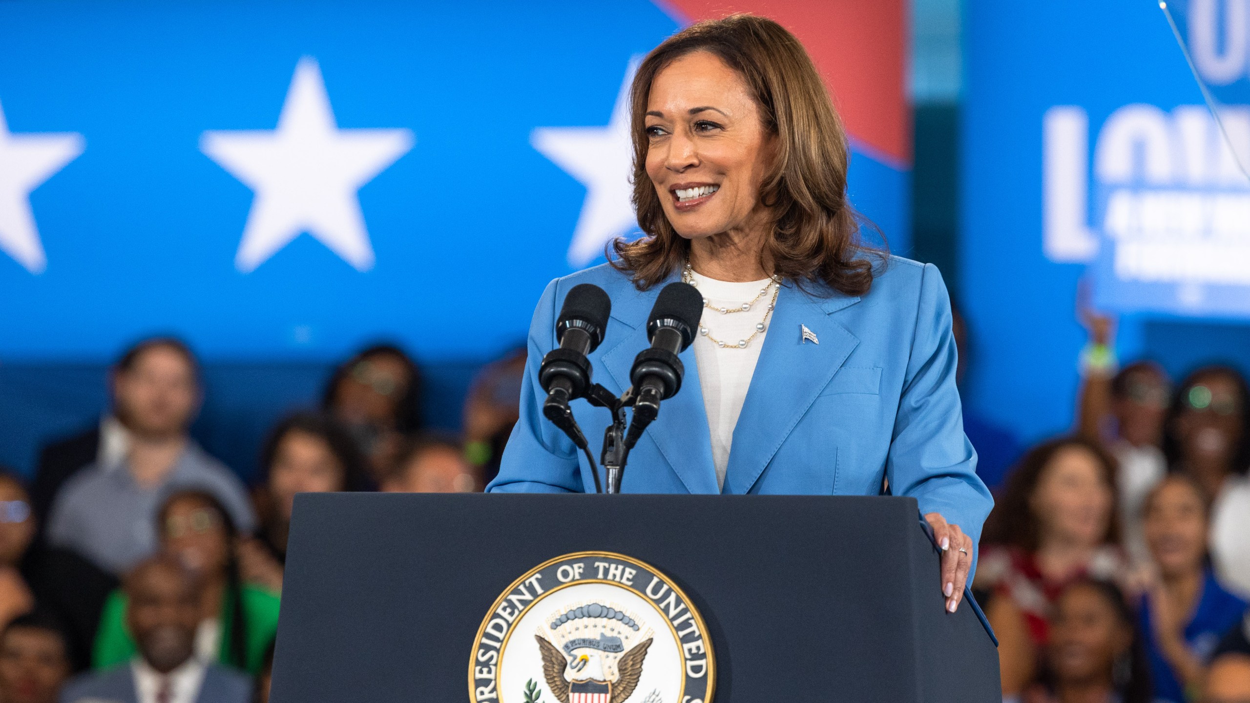 Democratic U.S. presidential candidate Vice President Kamala Harris speaks at a rally in Raleigh, North Carolina on Aug. 16