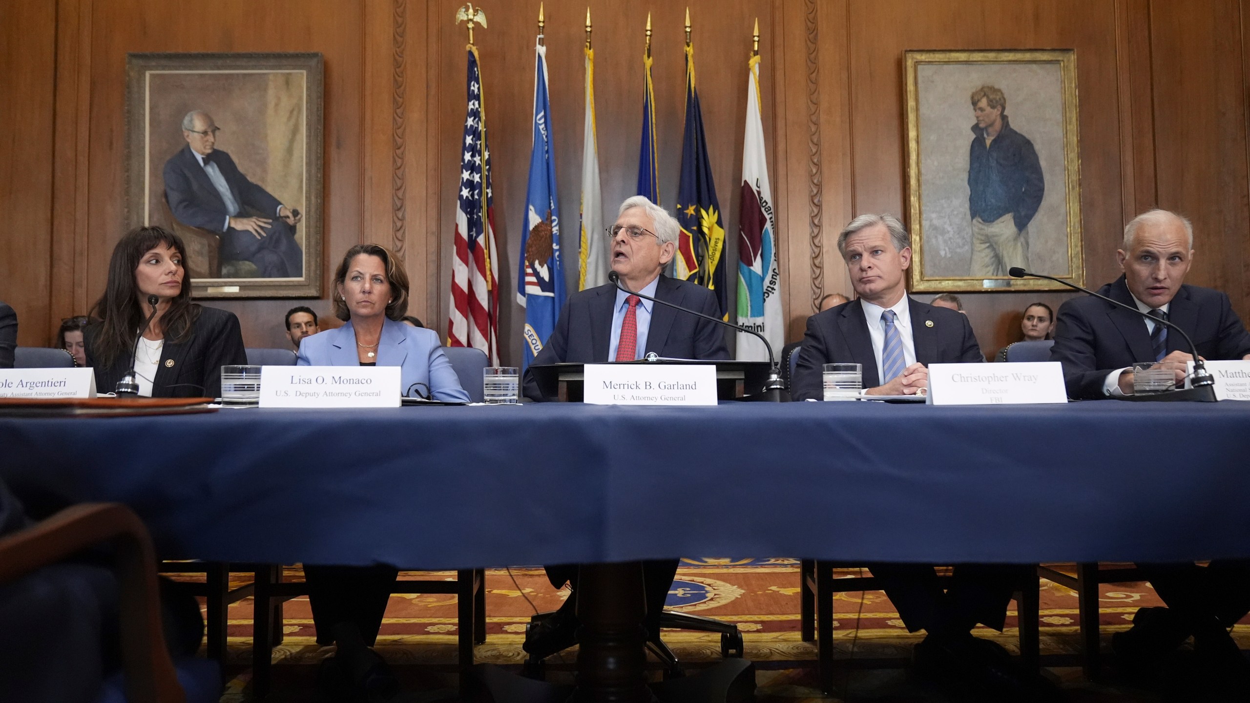 Attorney General Merrick Garland, center, speaks before a meeting of the Justice Department's Election Threats Task Force, at the Department of Justice, Wednesday, Sept. 4, 2024, in Washington, with from left, Deputy Attorney General, Criminal Division, Nicole Argentieri, Deputy Attorney General Lisa Monaco, Garland, FBI Director Christopher Wray and Assistant Attorney General, National Security Division, Matthew Olsen. (AP Photo/Mark Schiefelbein)