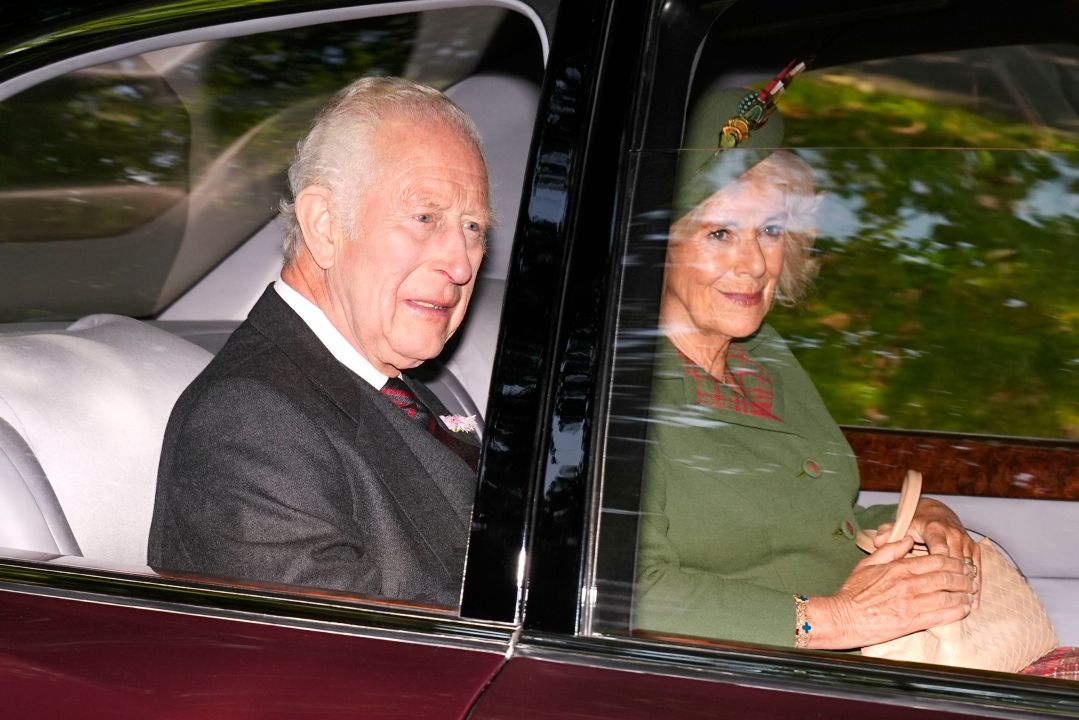 King Charles and Queen Camilla arrive at Crathie Kirk, near Balmoral, for a Sunday church service, Sunday Sept. 8, 2024. (Aaron Chown/PA via AP)