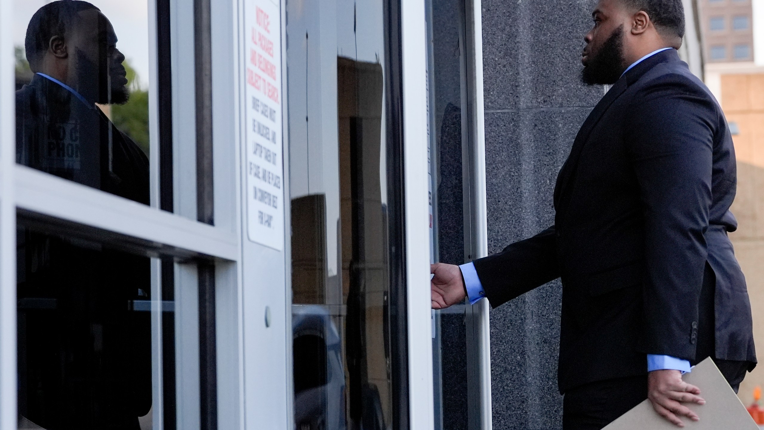 Former Memphis police officer Demetrius Haley arrives at the federal courthouse for the second day of jury selection for the trial in the Tyre Nichols case Tuesday, Sept. 10, 2024, in Memphis, Tenn. (AP Photo/George Walker IV)