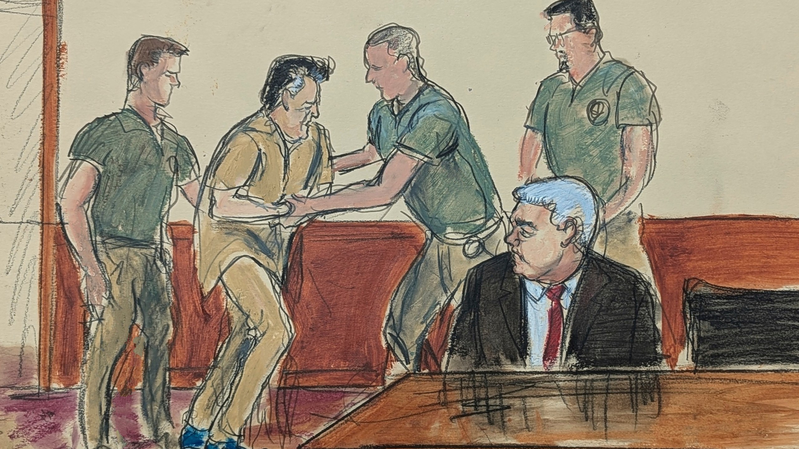 In this courtroom sketch, Ismael “El Mayo” Zambada, second left, assisted by the U.S. Marshals, is led into the courtroom as his defense attorney Frank Perez, seated right, watches in federal court, Friday, Sept. 13, 2024, in the Brooklyn borough of New York,. (Elizabeth Williams via AP)