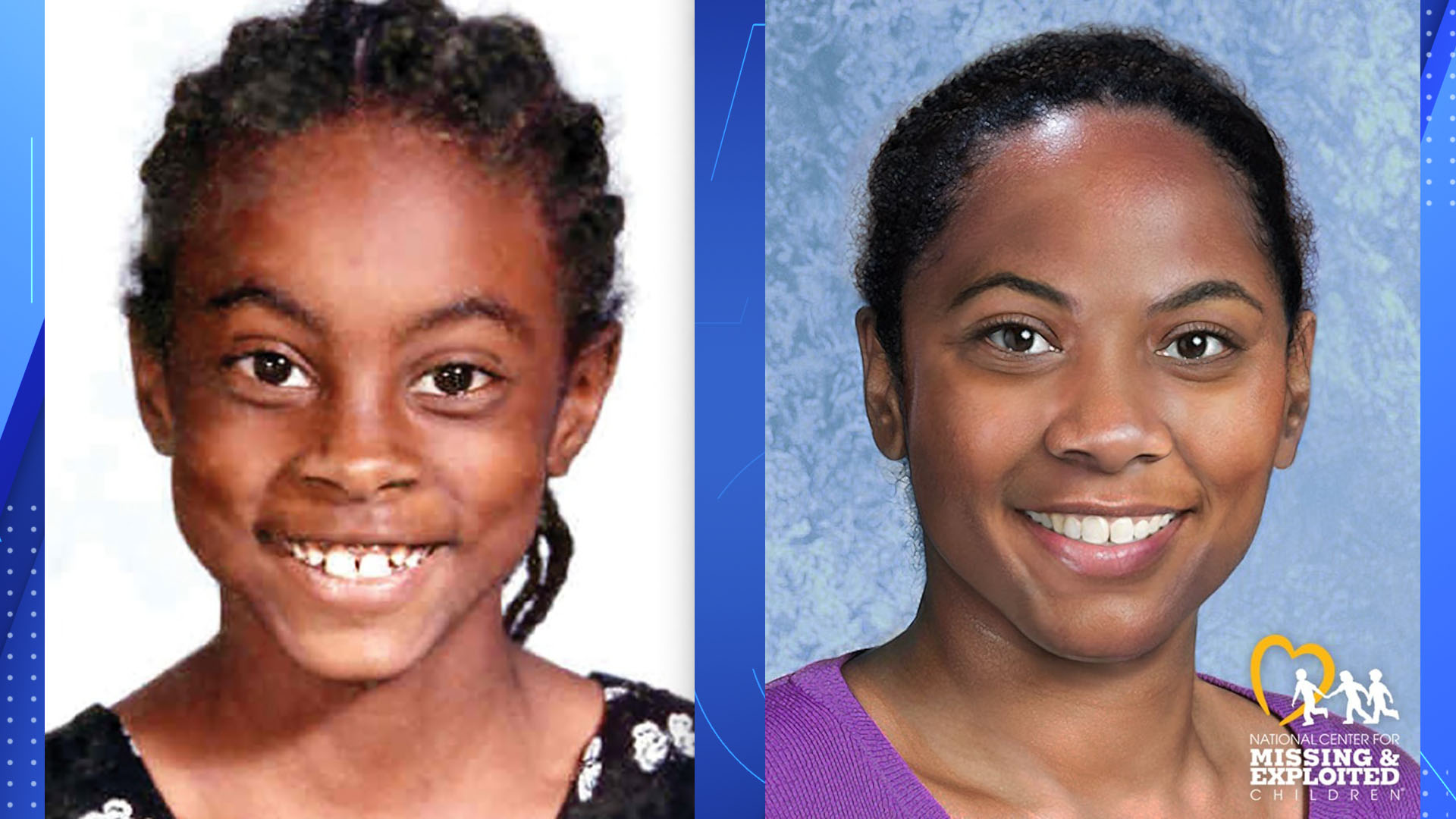 Asha Degree at age 9 and in an age-progressed photo.