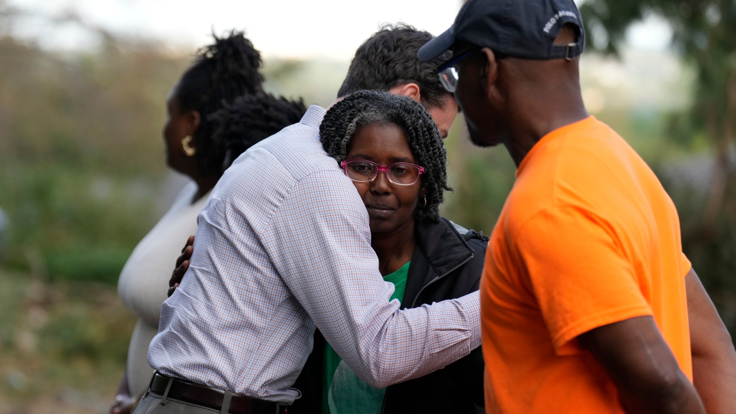 Sen. Jon Ossoff, D-Ga., greets people who were impacted by Hurricane Helene in Augusta, Ga., Wednesday, Oct. 2, 2024, during a visit with Democratic presidential nominee Vice President Kamala Harris. (AP Photo/Carolyn Kaster)