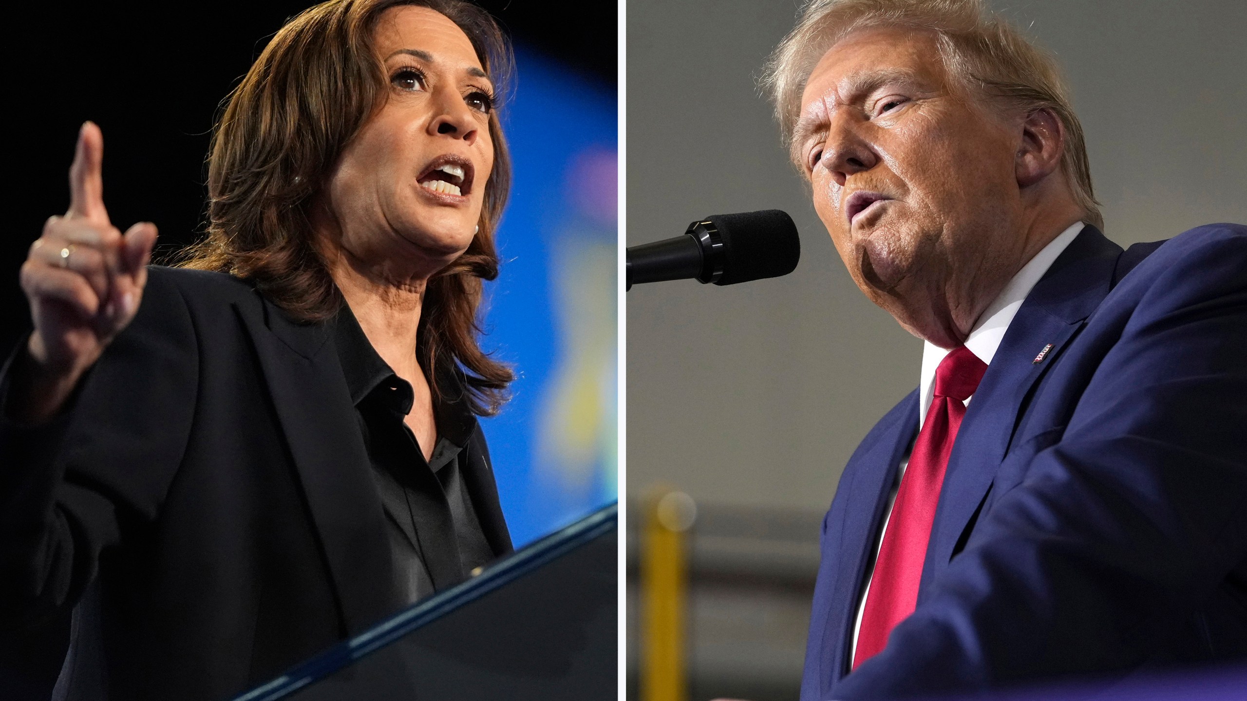 This combination photo shows Kamala Harris and Donald Trump at rallies.