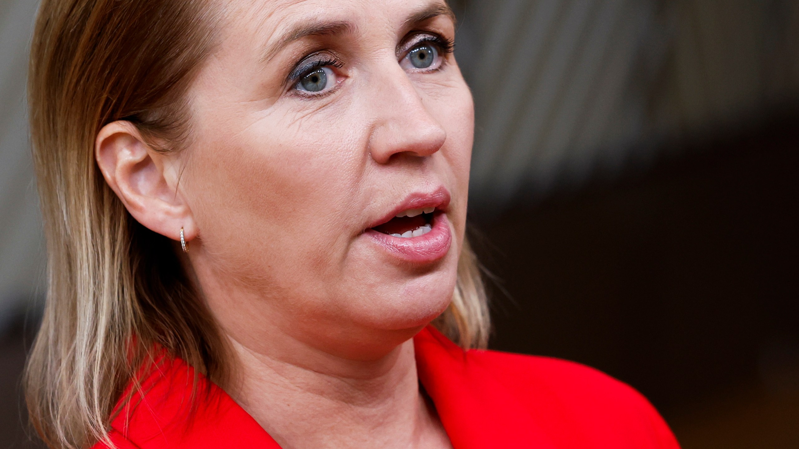 Denmark's Prime Minister Mette Frederiksen talks to journalists during an EU summit in Brussels, Thursday, Oct. 17, 2024. (AP Photo/Geert Vanden Wijngaert)