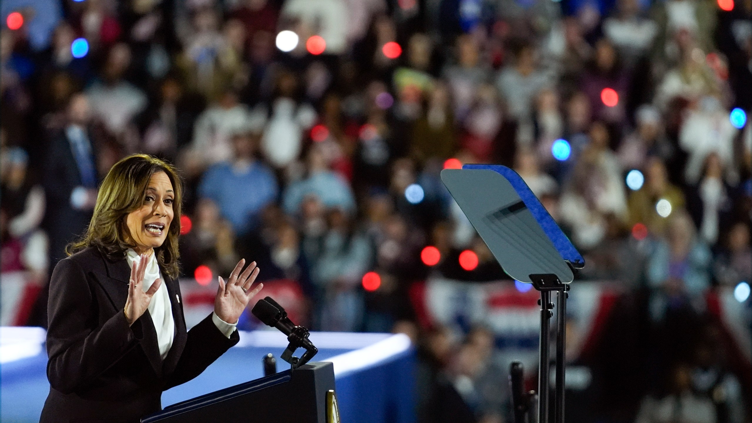Democratic presidential nominee Vice President Kamala Harris speaks during a campaign rally on the Ellipse in Washington, Tuesday, Oct. 29, 2024. (AP Photo/Evan Vucci)