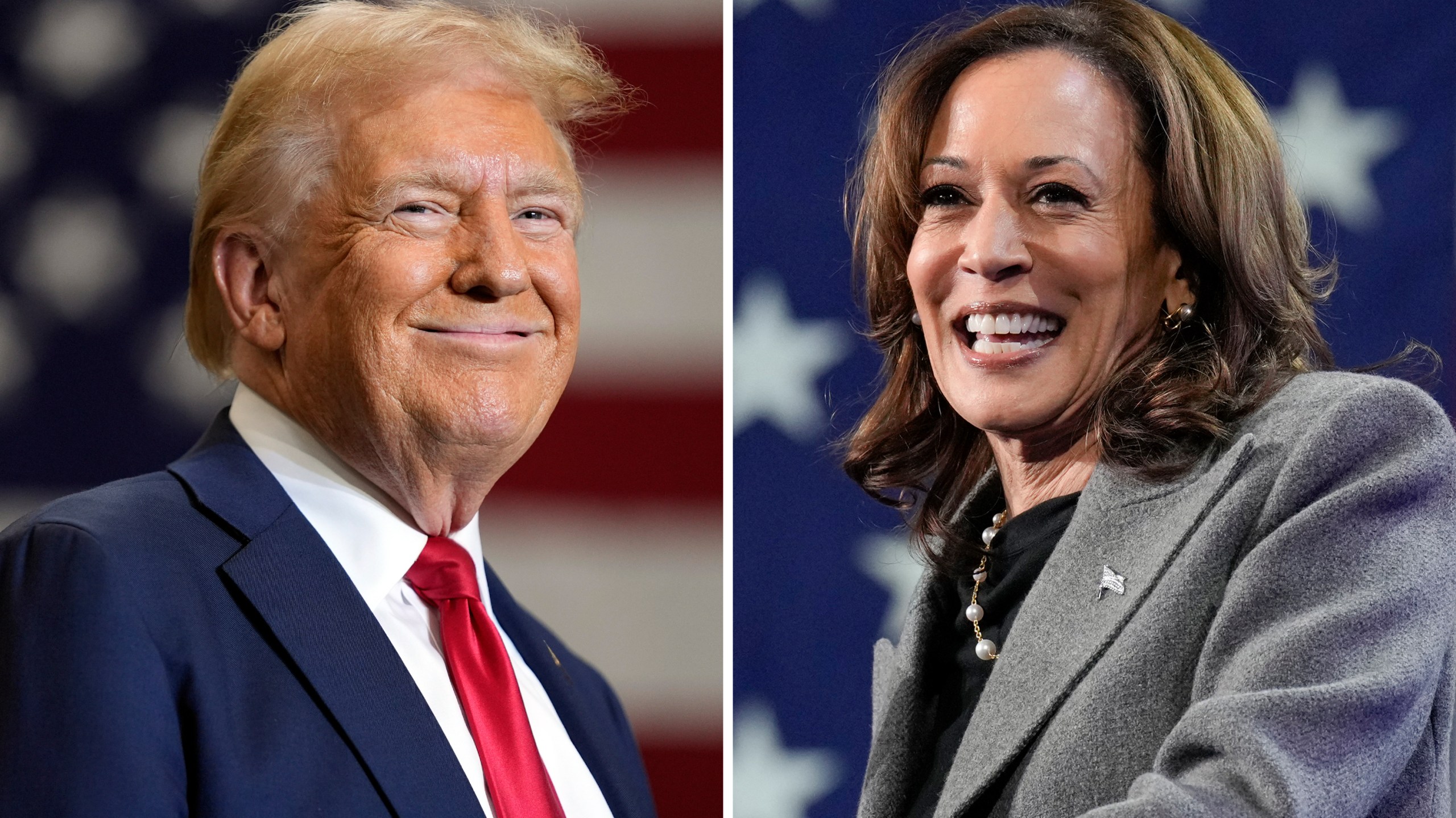 Donald Trump and Kamala Harris smile in a composite photo.