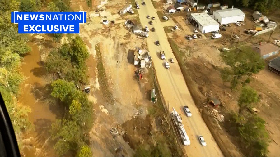 Muddy road and ruined buildings