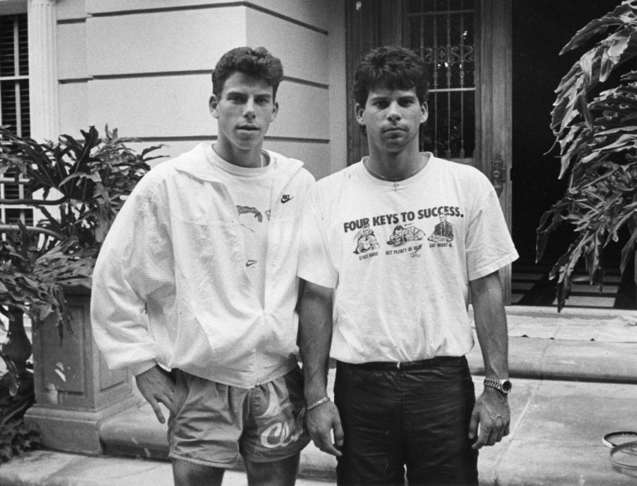 Erik Menendez, left, and his brother Lyle, right, in front of their Beverly Hills home.