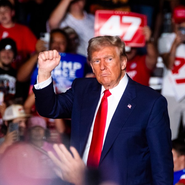 Donald Trump raises a fist during a campaign event