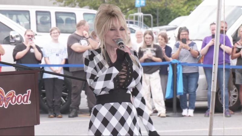 Dolly Parton speaks at a hurricane relief event