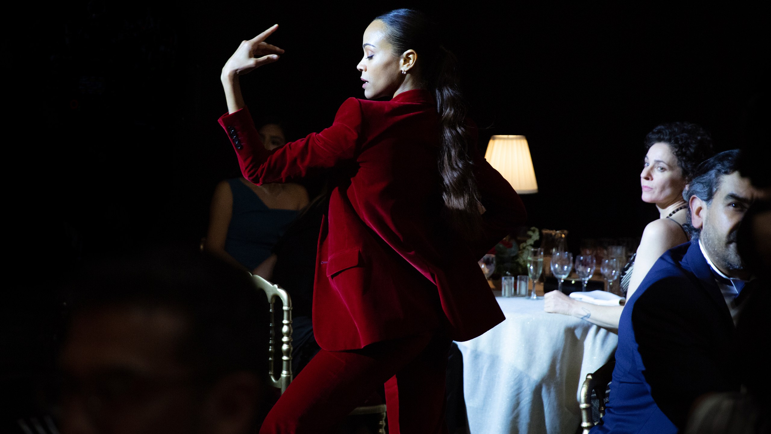 This image released by Netflix shows Zoe Saldaña in a scene from "Emilia Pérez." (Shanna Besson/Netflix via AP)