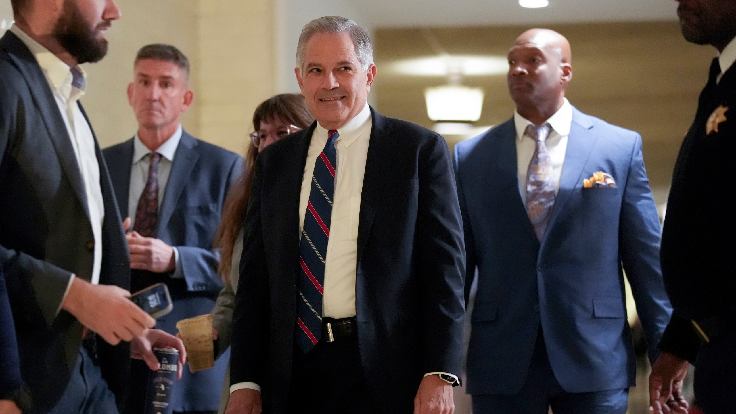 Philadelphia District Attorney Larry Krasner arrives for a hearing at a City Hall courtroom, in Philadelphia, Monday, Nov. 4, 2024. (AP Photo/Matt Rourke)