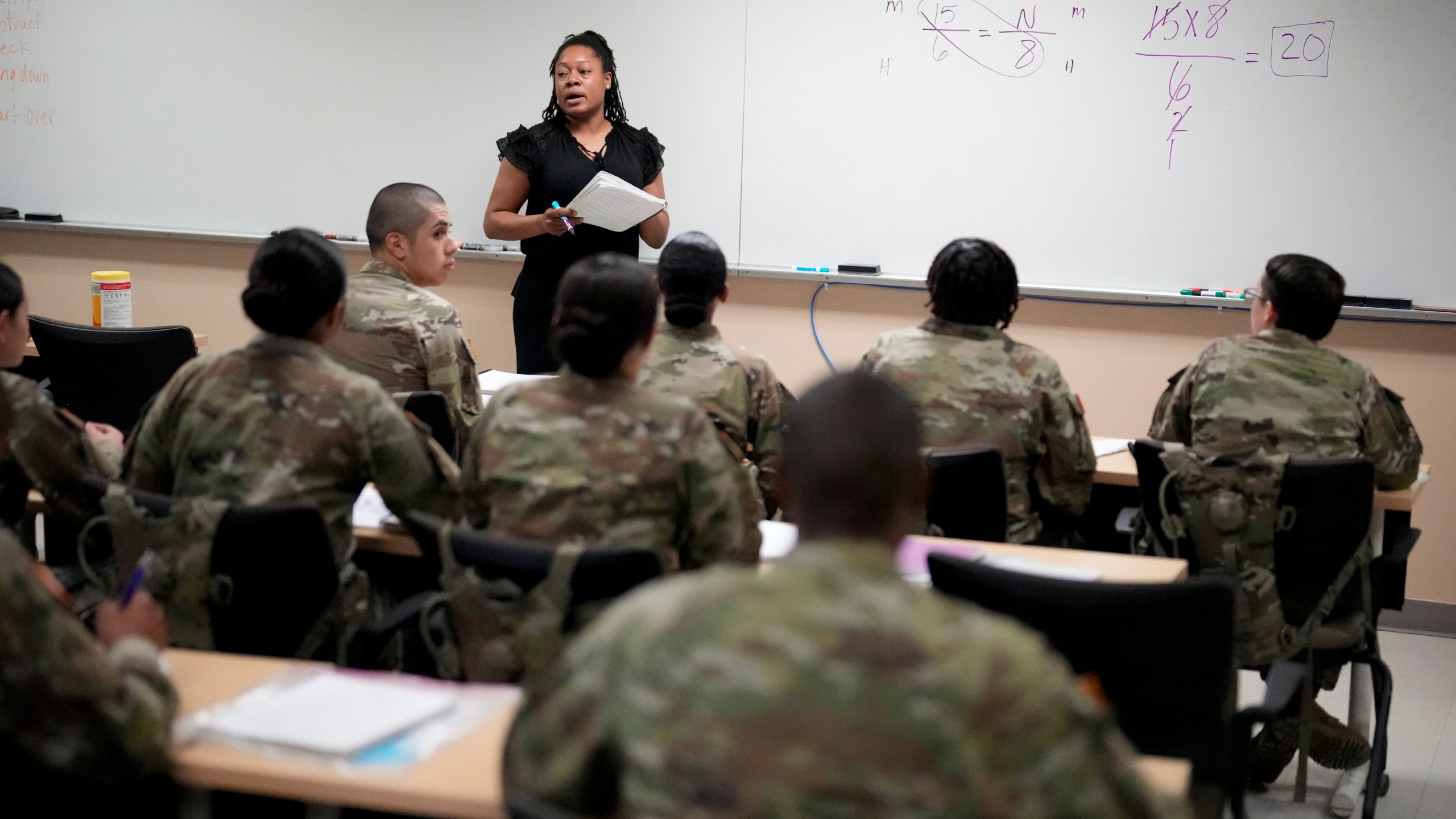Recruits participate in the Army's future soldier prep course that gives lower-performing recruits up to 90 days of academic or fitness instruction to help them meet military standards, at Fort Jackson, a U.S. Army Training Center, in Columbia, S.C., Sept. 25, 2024. (AP Photo/Chris Carlson)