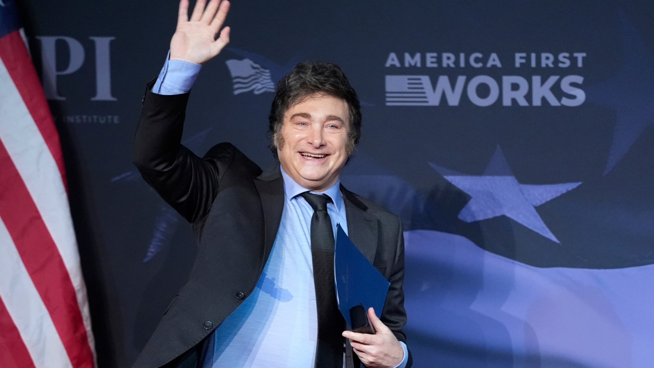 Argentina's President Javier Milei arrives to speak before President-elect Donald Trump during an America First Policy Institute gala at his Mar-a-Lago estate, Thursday, Nov. 14, 2024, in Palm Beach, Fla. (AP Photo/Alex Brandon)