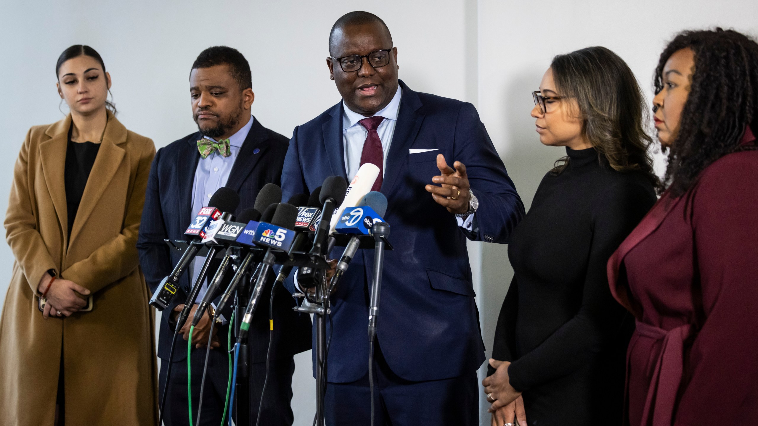 Jussie Smollett's lead defense attorney Nenye Uche speaks to reporters during a news conference Thursday, Nov. 21, 2024, In Chicago, after the Illinois Supreme Court overturned Smollett's conviction on charges of staging a racist and homophobic attack against himself in 2019 and lying to Chicago police. (Ashlee Rezin/Chicago Sun-Times via AP)
