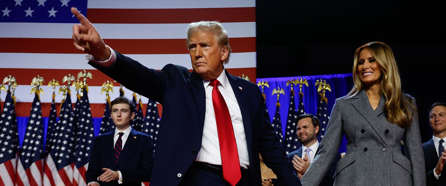 A picture of Donald Trump celebrating his election win.