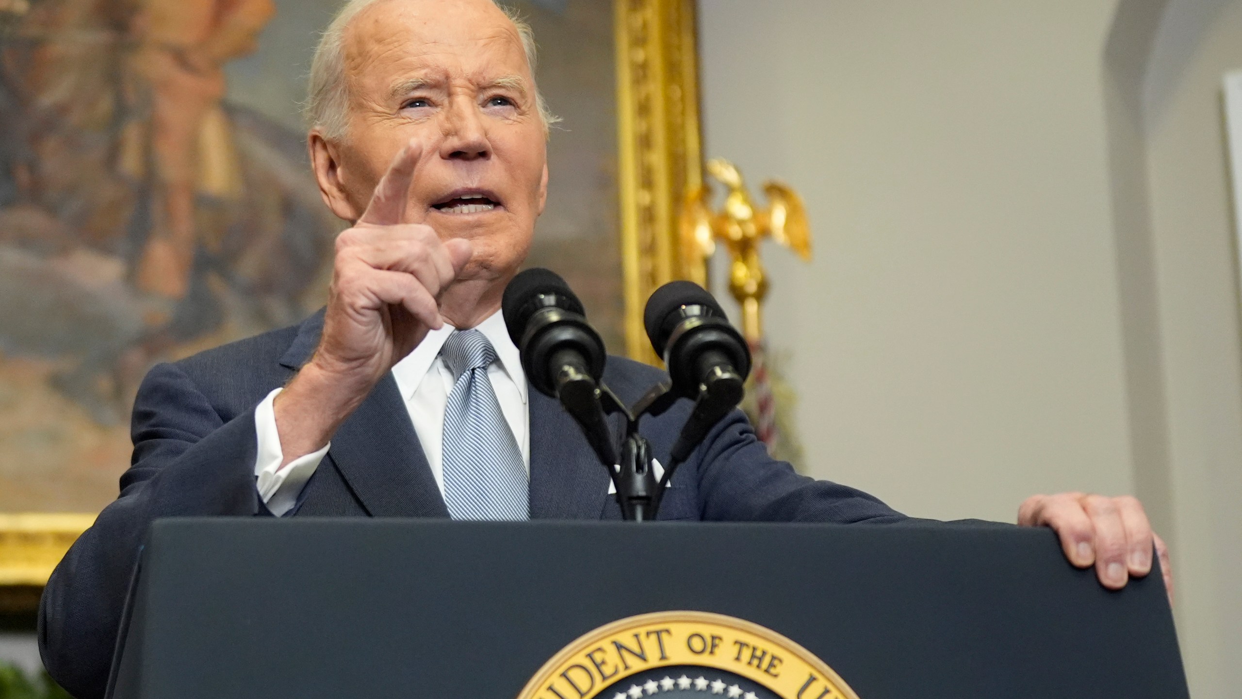 President Joe Biden speaks about the sudden collapse of the Syrian government under Bashar Assad from the Roosevelt Room at the White House in Washington, Sunday, Dec. 8, 2024. (AP Photo/Manuel Balce Ceneta)