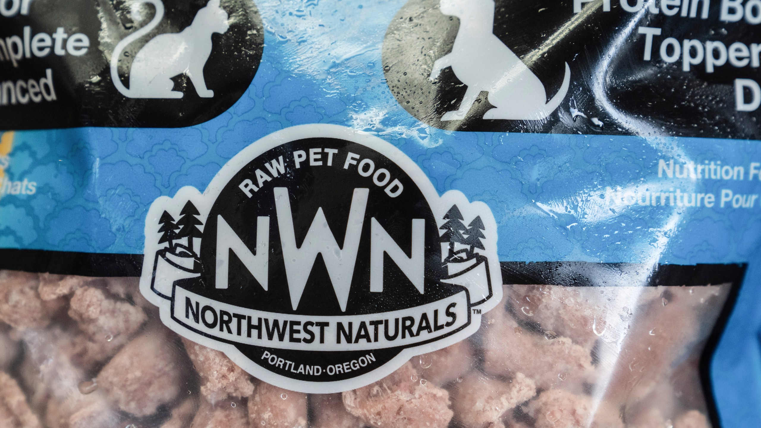 A bag of Northwest Naturals 2-pound Feline Turkey Recipe raw frozen pet food that was part of a voluntary recall is displayed for a photograph on Thursday, Dec. 26, 2024, in Tigard, Ore. (AP Photo/Jenny Kane)