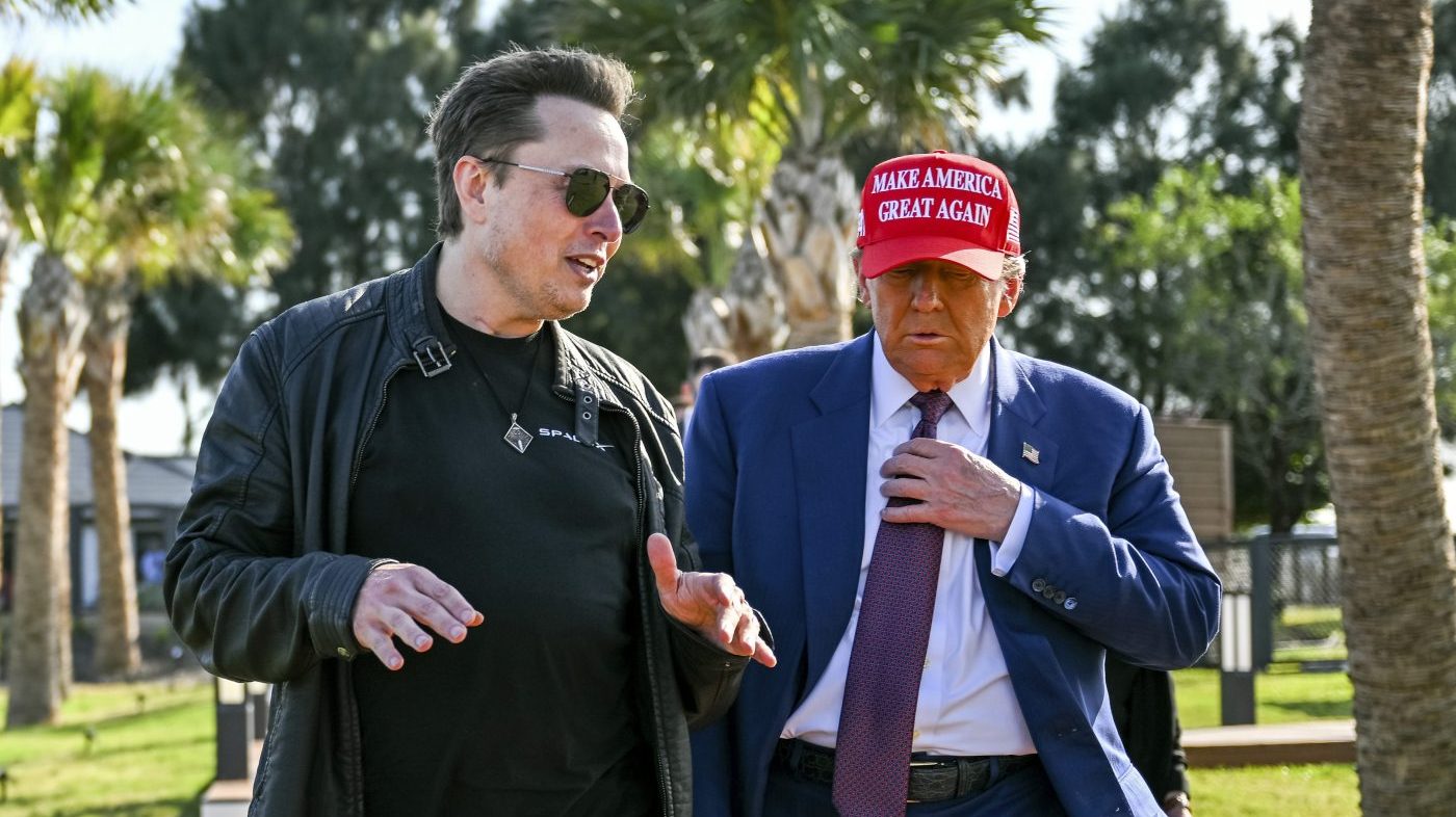 Elon Musk greets President Donald Trump as he arrives to watch SpaceX's Starship lift off in Texas on Nov. 19, 2024.