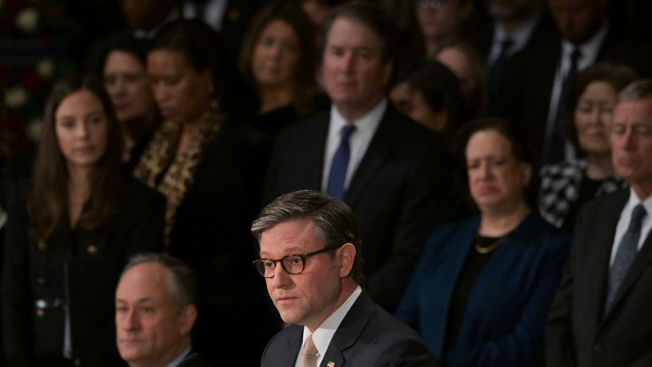 Speaker of the House Mike Johnson delivers a eulogy for former President Jimmy Carter as he lies in state during a ceremony in the Capitol, Tuesday, Jan. 7, 2025, in Washington. Carter died Dec. 29 at the age of 100. (Ricky Carioti/The Washington Post via AP, Pool)