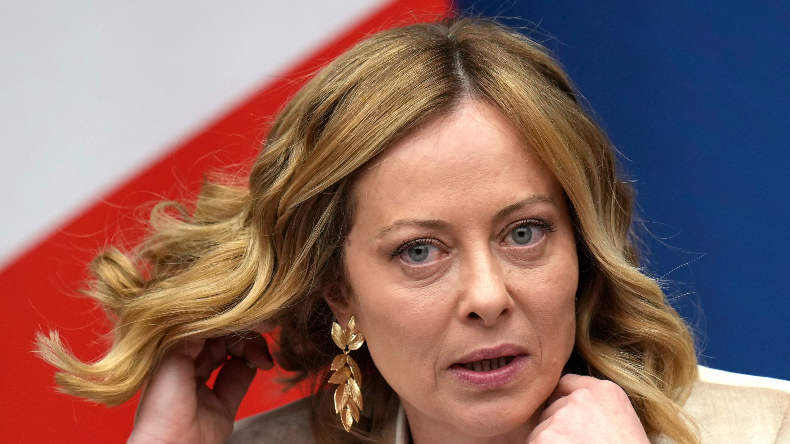 Italian Premier Giorgia Meloni holds the 2024 year-end press conference, in Rome, Thursday, Jan. 9, 2025. (AP Photo/Alessandra Tarantino)