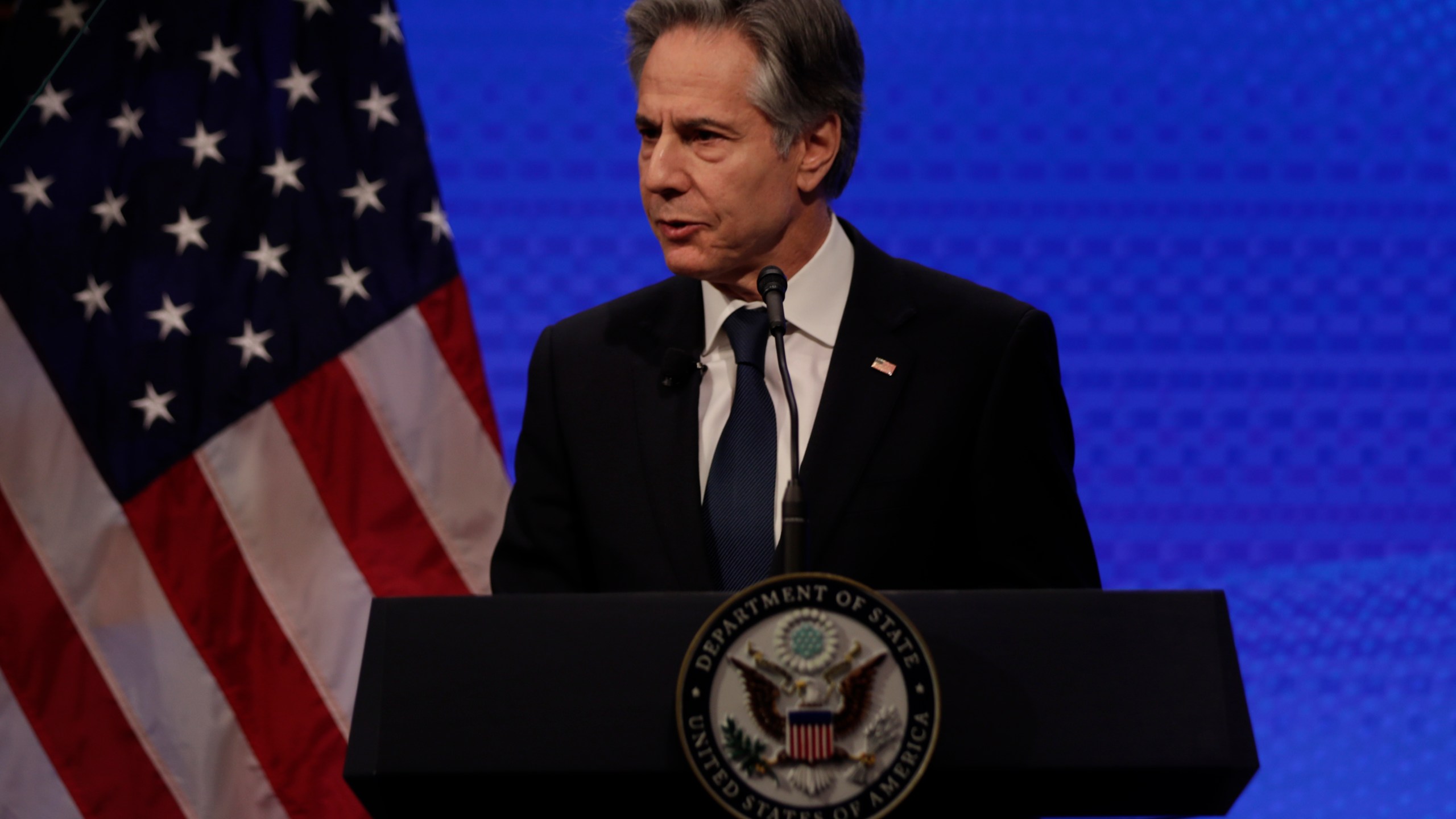 Secretary of State Anthony Blinken delivers remarks at the Atlantic Council, Tuesday, Jan. 14, 2025, in Washington. (AP Photo/Luis M. Alvarez)