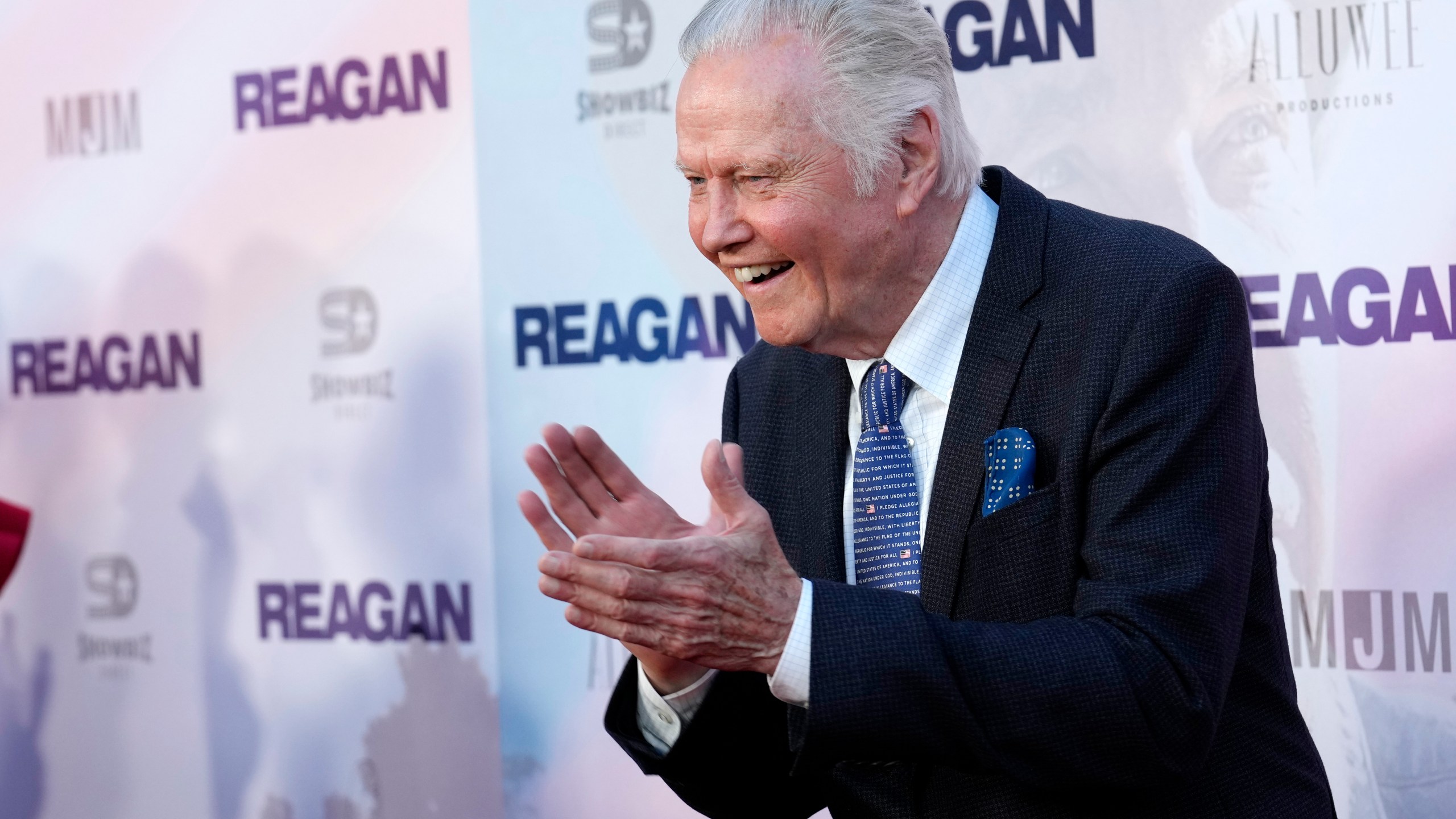FILE - Jon Voight, a cast member in "Reagan," poses at the premiere of the film at the TCL Chinese Theatre, on Aug. 20, 2024, in Los Angeles. (AP Photo/Chris Pizzello, File)