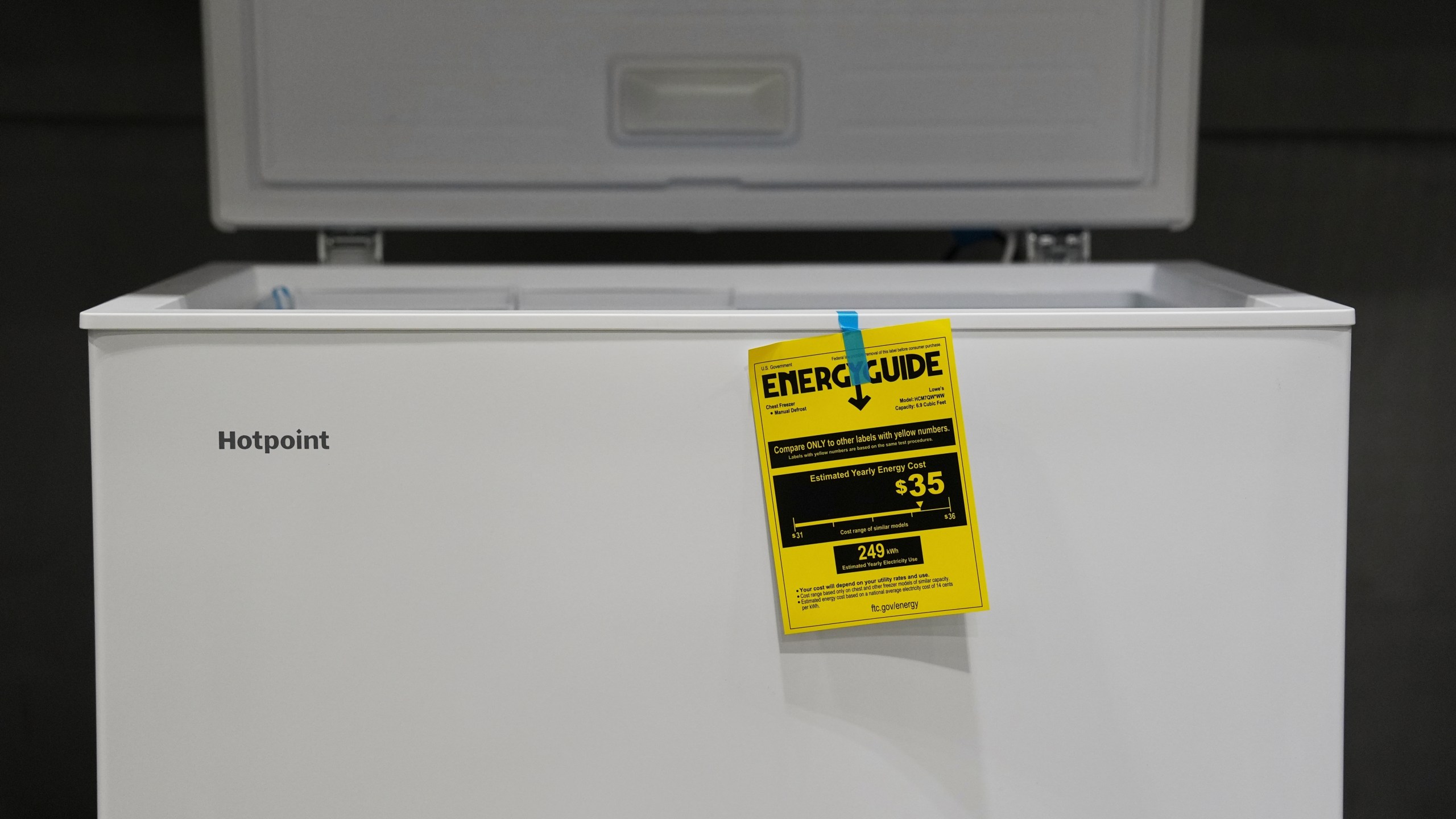 An energy guide is displayed on a freezer for sale, Tuesday, Jan. 21, 2025, in Cincinnati. (AP Photo/Joshua A. Bickel)