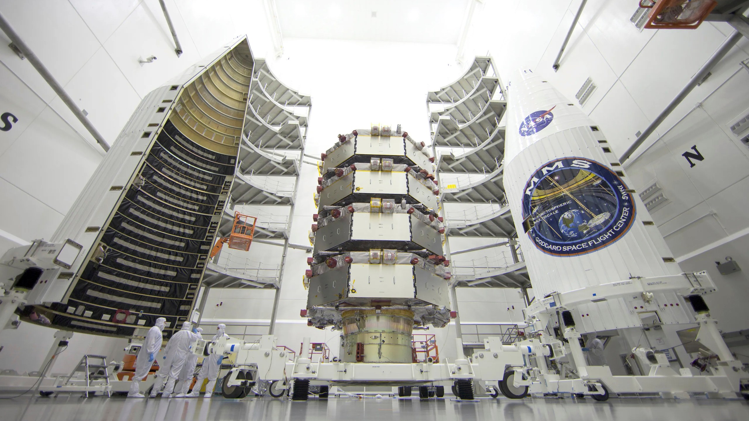 NASA’s four Magnetospheric Multiscale, or MMS, satellites at the Astrotech Space Operations facility in Titusville, Florida, March 2015. (NASA via AP)