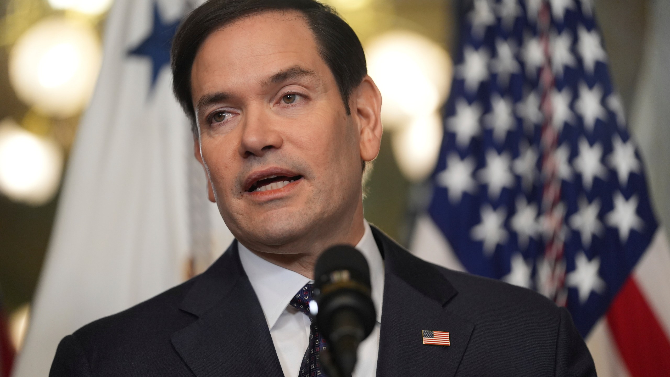 Secretary of State Marco Rubio speaks after being sworn in by Vice President JD Vance in the Vice Presidential Ceremonial Office in the Eisenhower Executive Office Building on the White House campus, Tuesday, Jan. 21, 2025, in Washington. (AP Photo/Evan Vucci)
