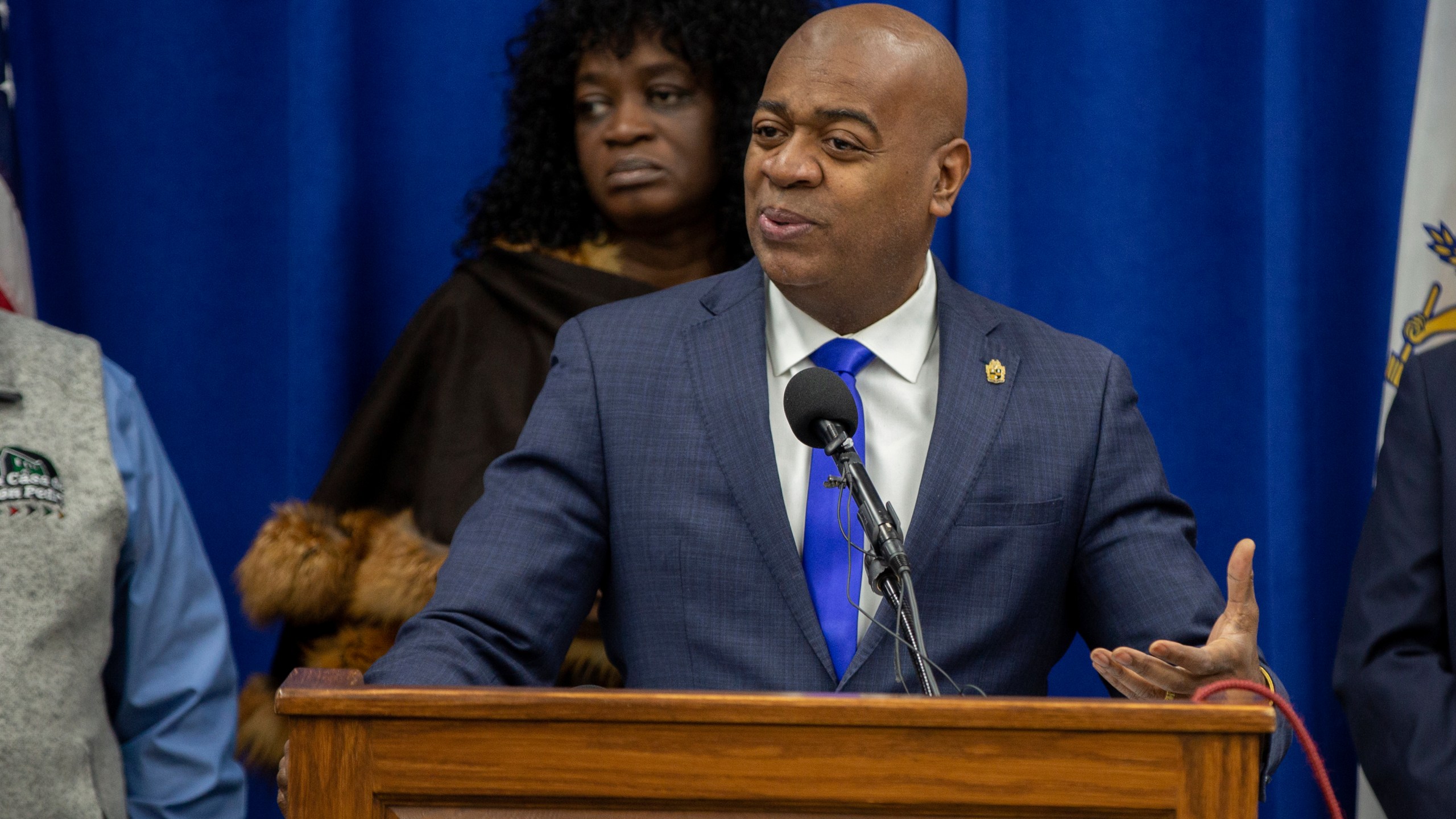 Newark Mayor Ras Baraka speaks at a news conference, saying federal immigration officers detained three undocumented residents and some U.S. citizens at a local business in Newark, N.J., on Friday, Jan. 24, 2025. (AP Photo/Ted Shaffrey)