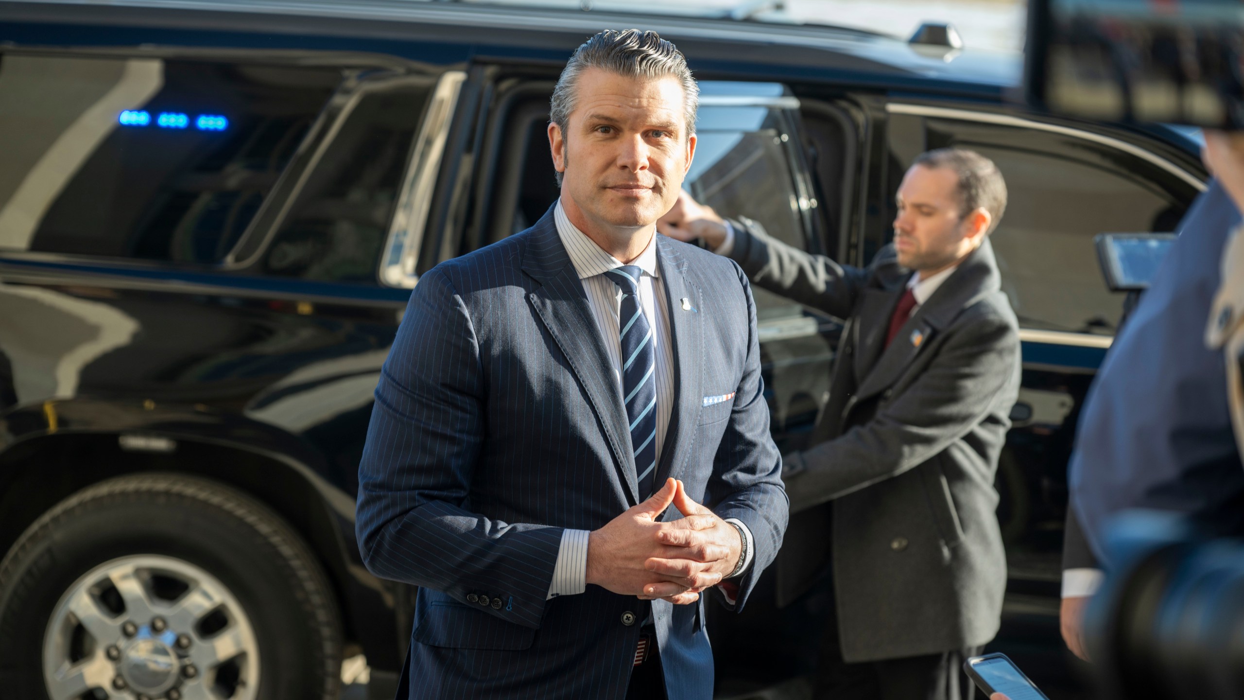 Defense Secretary Pete Hegseth arrives at the Pentagon, Monday, Jan. 27, 2025 in Washington. (AP Photo/Kevin Wolf)