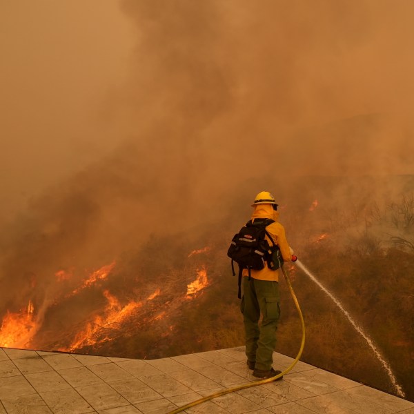 FILE - A firefighter hoses down flames as the Palisades Fire approaches in Mandeville Canyon, Jan. 11, 2025, in Los Angeles. (AP Photo/Jae C. Hong,File)