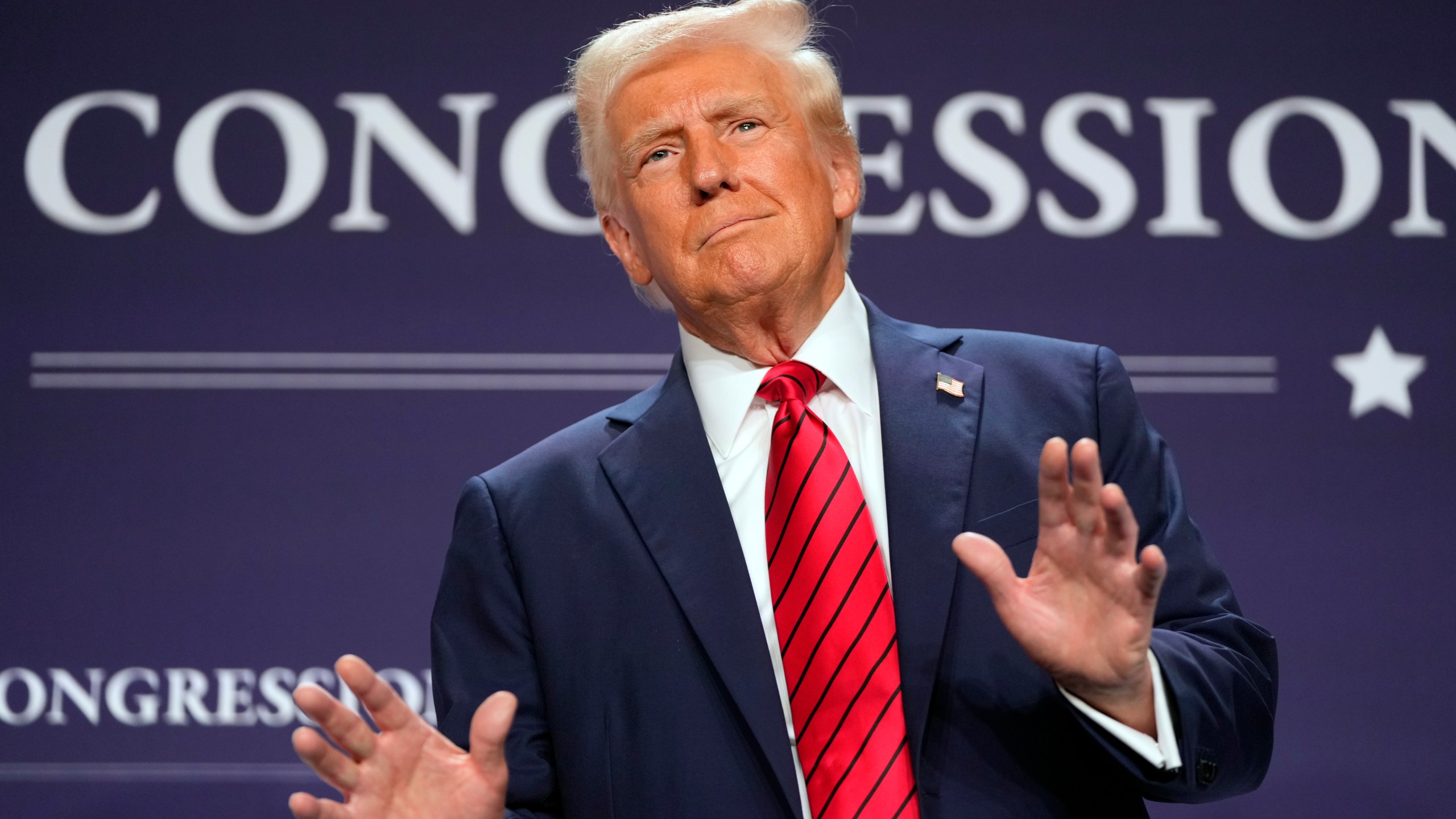 FILE - President Donald Trump arrives to speak at the 2025 House Republican Members Conference Dinner at Trump National Doral Miami in Doral, Fla., Jan. 27, 2025. (AP Photo/Mark Schiefelbein, File)