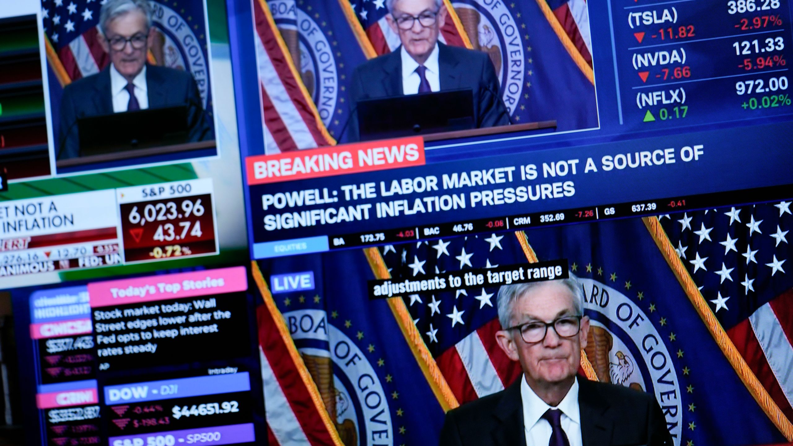 Screens display a news conference by Federal Reserve Chair Jerome Powell on the floor of the New York Stock Exchange in New York, Wednesday, Jan. 29, 2025. (AP Photo/Seth Wenig)