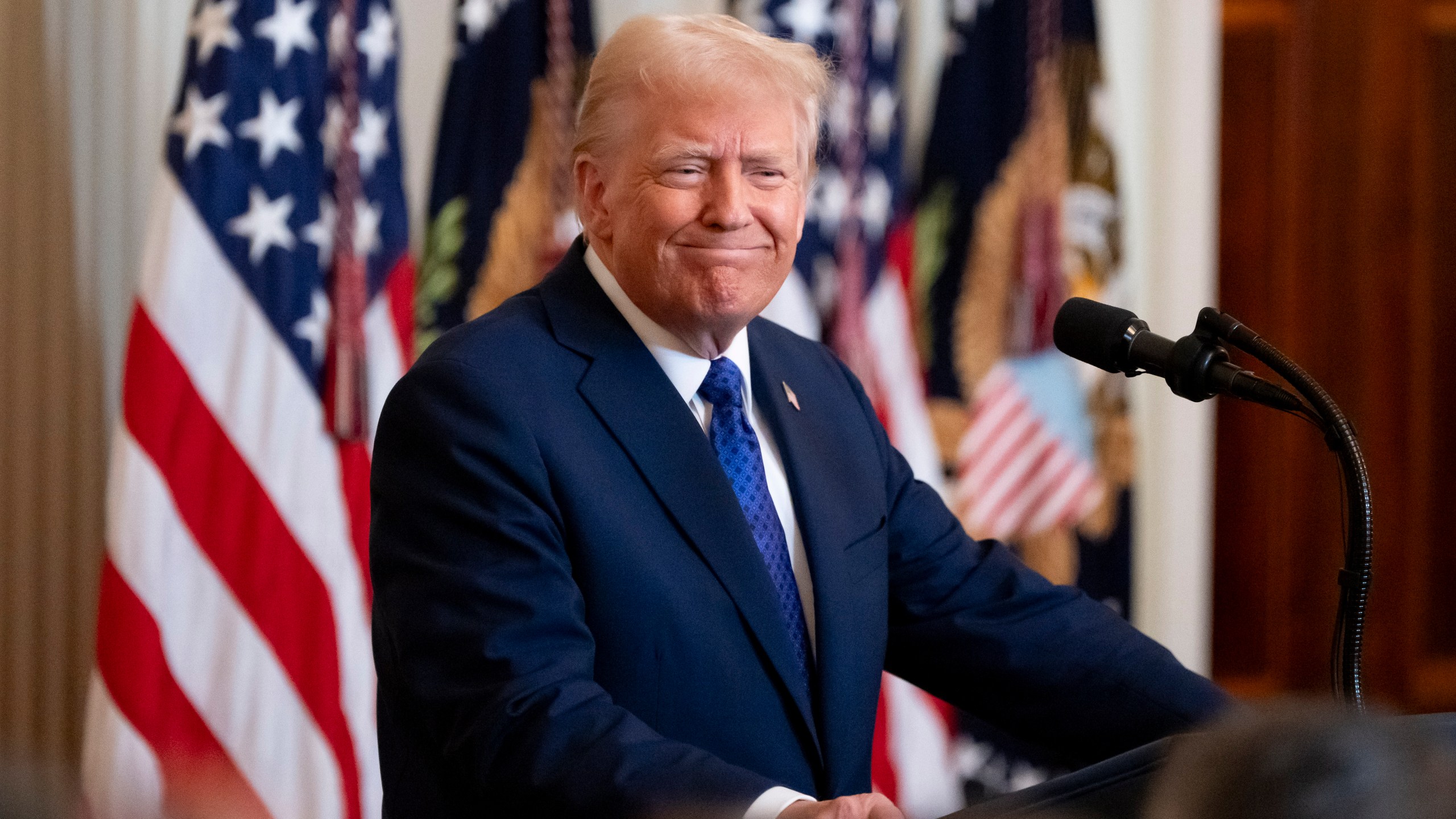 President Donald Trump pauses while speaking before signing the Laken Riley Act in the East Room of the White House, Wednesday, Jan. 29, 2025, in Washington. (AP Photo/Alex Brandon)